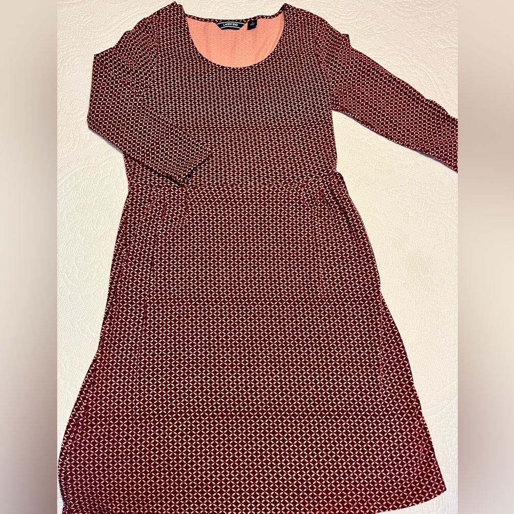 Lands' End Burgundy Geometric 3/4 Sleeve Dress
